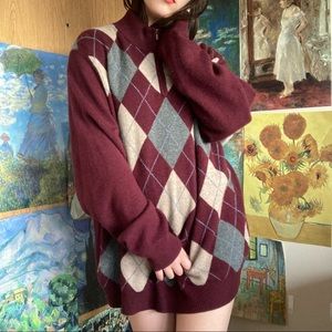 Oversized argyle quarter zip turtleneck crimson cream and grey, blue line